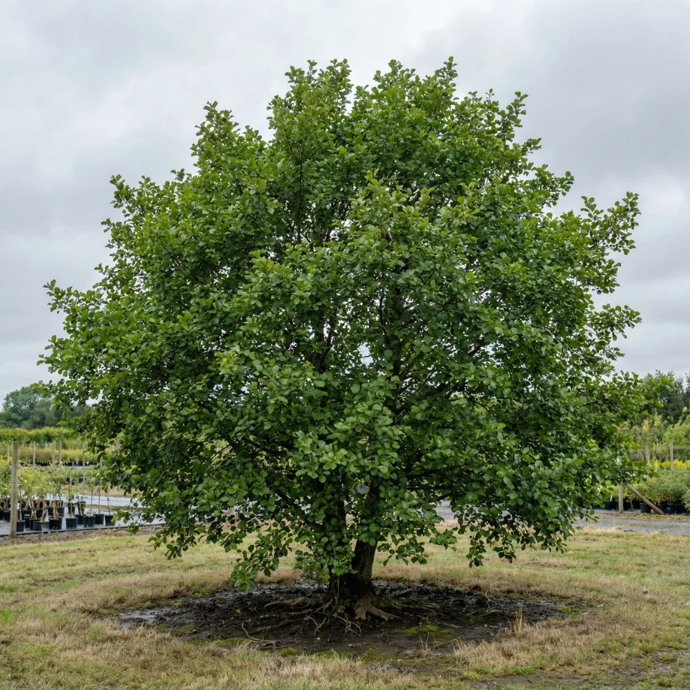 An apple tree stands lush and green at the centre of a grassy area under a cloudy sky, with rows of potted plants in the background.