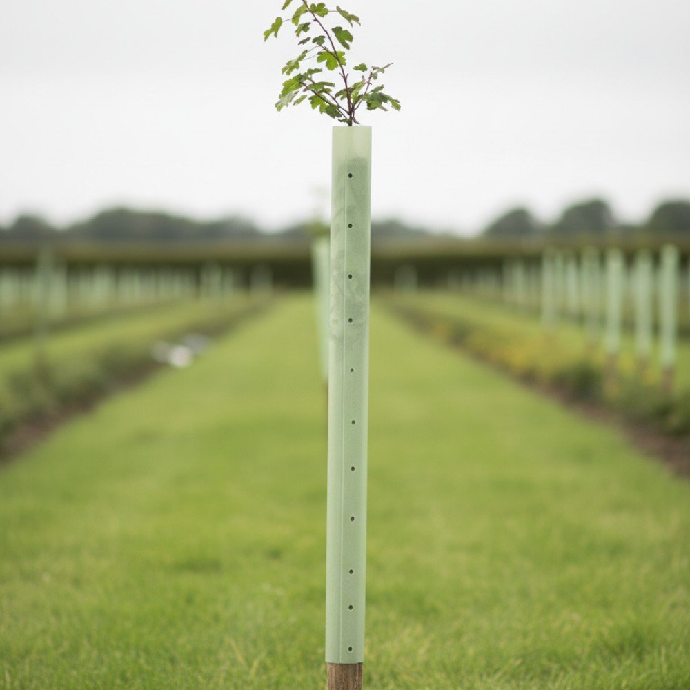 A young tree protected by a Tubex Tree Guard & Stake stands among similar saplings on a grassy field, with additional Tubex Tree Guards visible in the background.