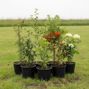 Seven young potted trees and shrubs from the 50 Tree Mix & Match Pack, including varieties with clusters of red berries and white flowers, are arranged on green grass with a grassy field in the background.