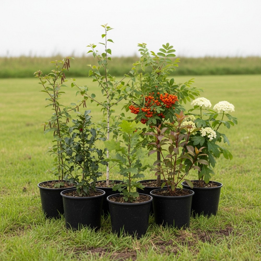 Seven young potted trees and shrubs from the 50 Tree Mix & Match Pack, including varieties with clusters of red berries and white flowers, are arranged on green grass with a grassy field in the background.